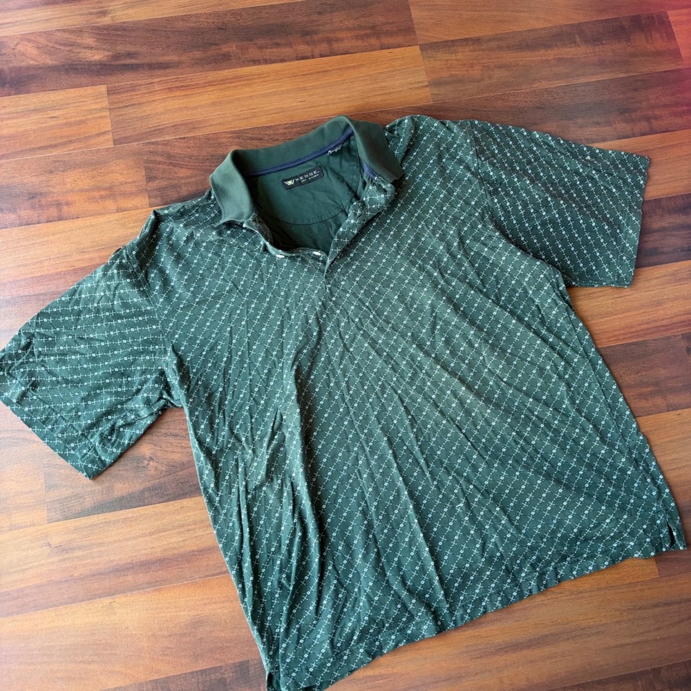 Wedge Golf & Beyond Mens Large Green Geometric Print 100% Cotton Polo Shirt